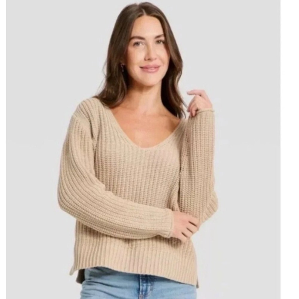 Universal Thread Womens Wide V-Neck Ribbed Pullover Sweater Oatmeal Beige L NEW